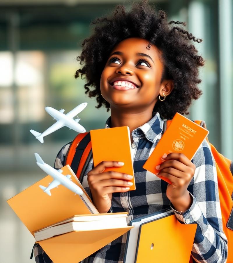 Student with passport and books